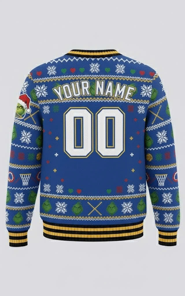 Golden State Warriors x The Grinch Ugly Christmas Sweater – Royal Blue & Gold “Grinchmas” Knit