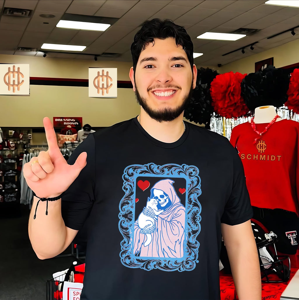 Grim Reaper Holding a White Cat Death Skeleton shirt
