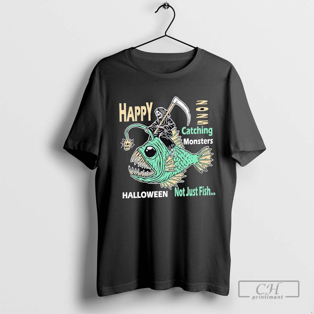 Happy Catching Monsters Halloween Not Just Fish Grim Reaper Riding An Anglerfish Long Sleeve