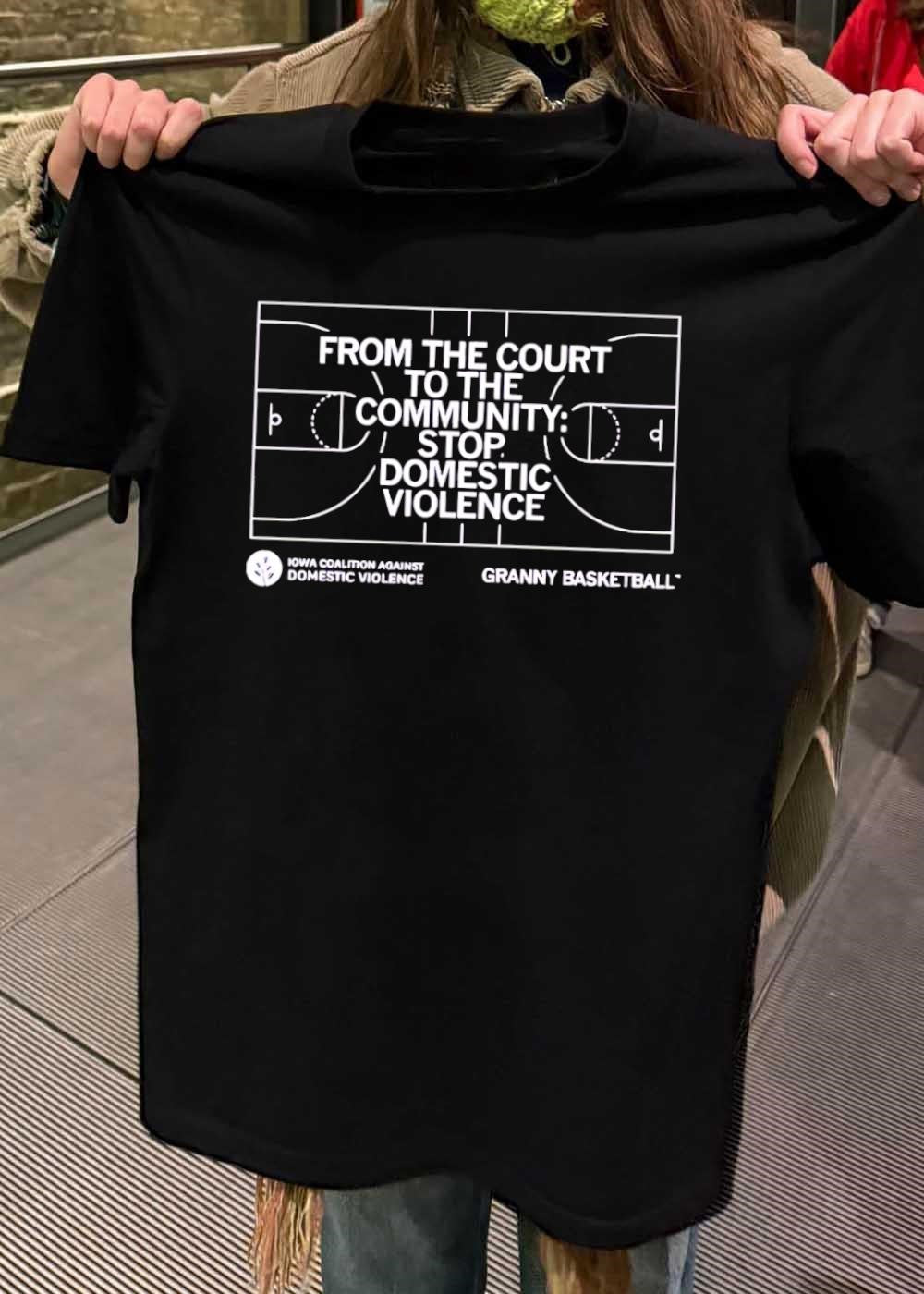 Iowa Coalition Against Domestic Violence From the Court to the Community Stop Domestic Violence Granny Basketball T-Shirt