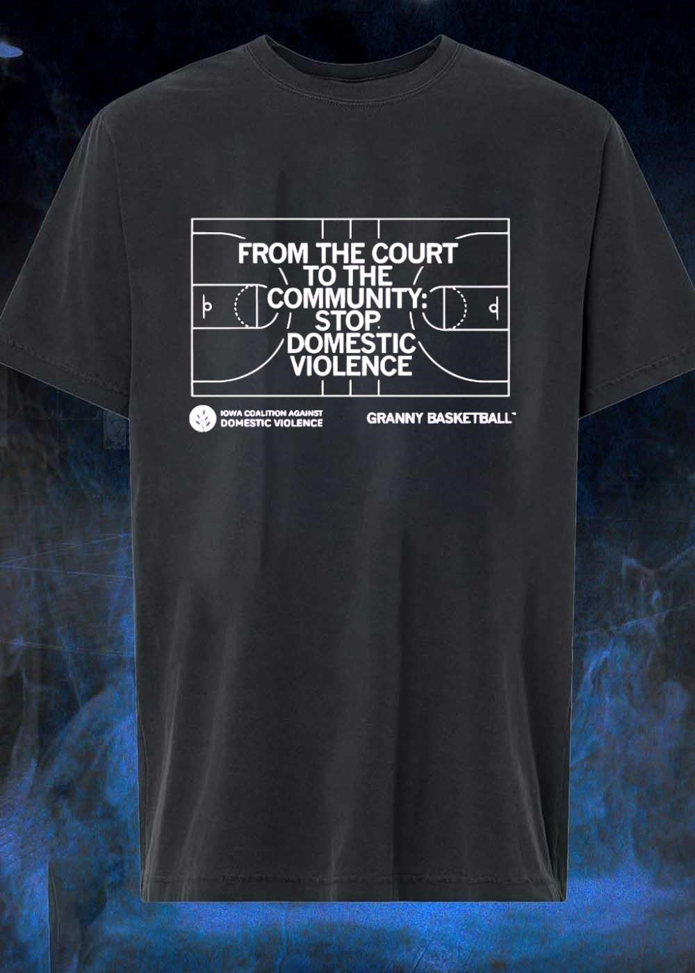 Iowa Coalition Against Domestic Violence From the Court to the Community Stop Domestic Violence Granny Basketball T-Shirt