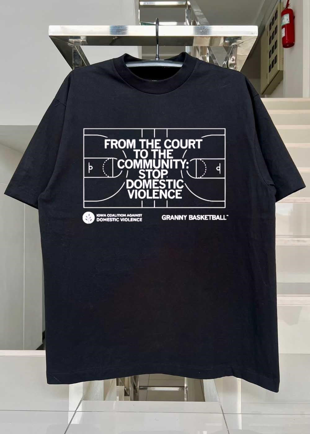 Iowa Coalition Against Domestic Violence From the Court to the Community Stop Domestic Violence Granny Basketball T-Shirt