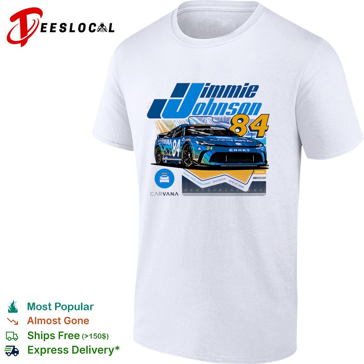 Jimmie Johnson Legacy Motor Club Naval Base Coronado San Diego race car 84 Carvana June 21 2026 NASCAR shirt