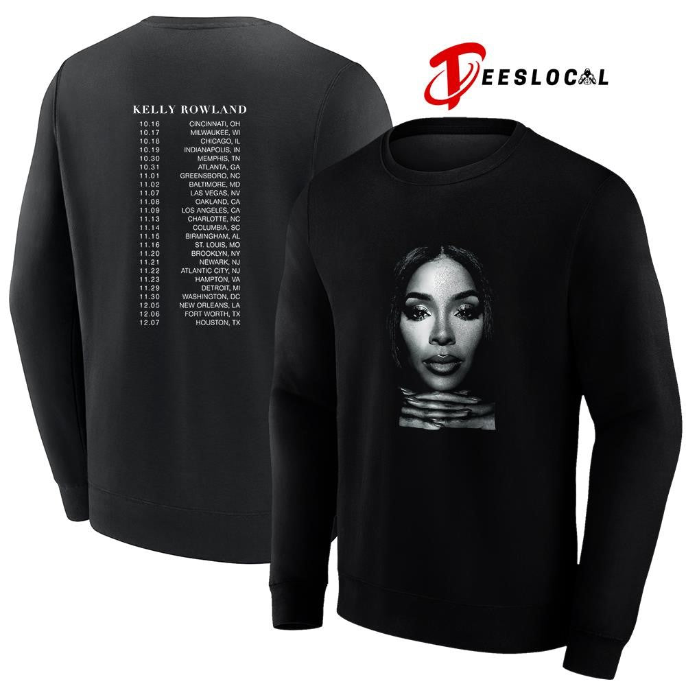 Kelly Rowland black and white photo tour dates schedule portrait shirt