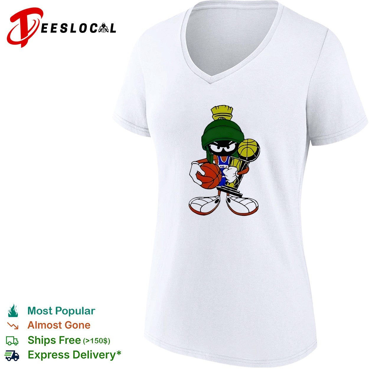 Marvin the Martian wearing New York Kicks jersey holding trophy and basketball shirt