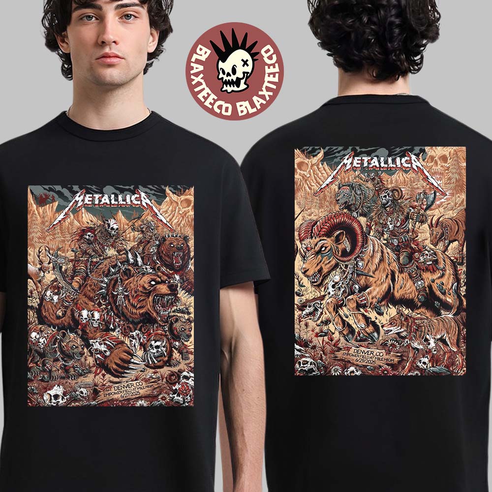 Metallica M72 Denver 2025 Night 1 And 2 Venue Combined Poster In Denver Colorado At Empower Field at Mile High On June 27 And 29 2025 Two Sided T-Shirt
