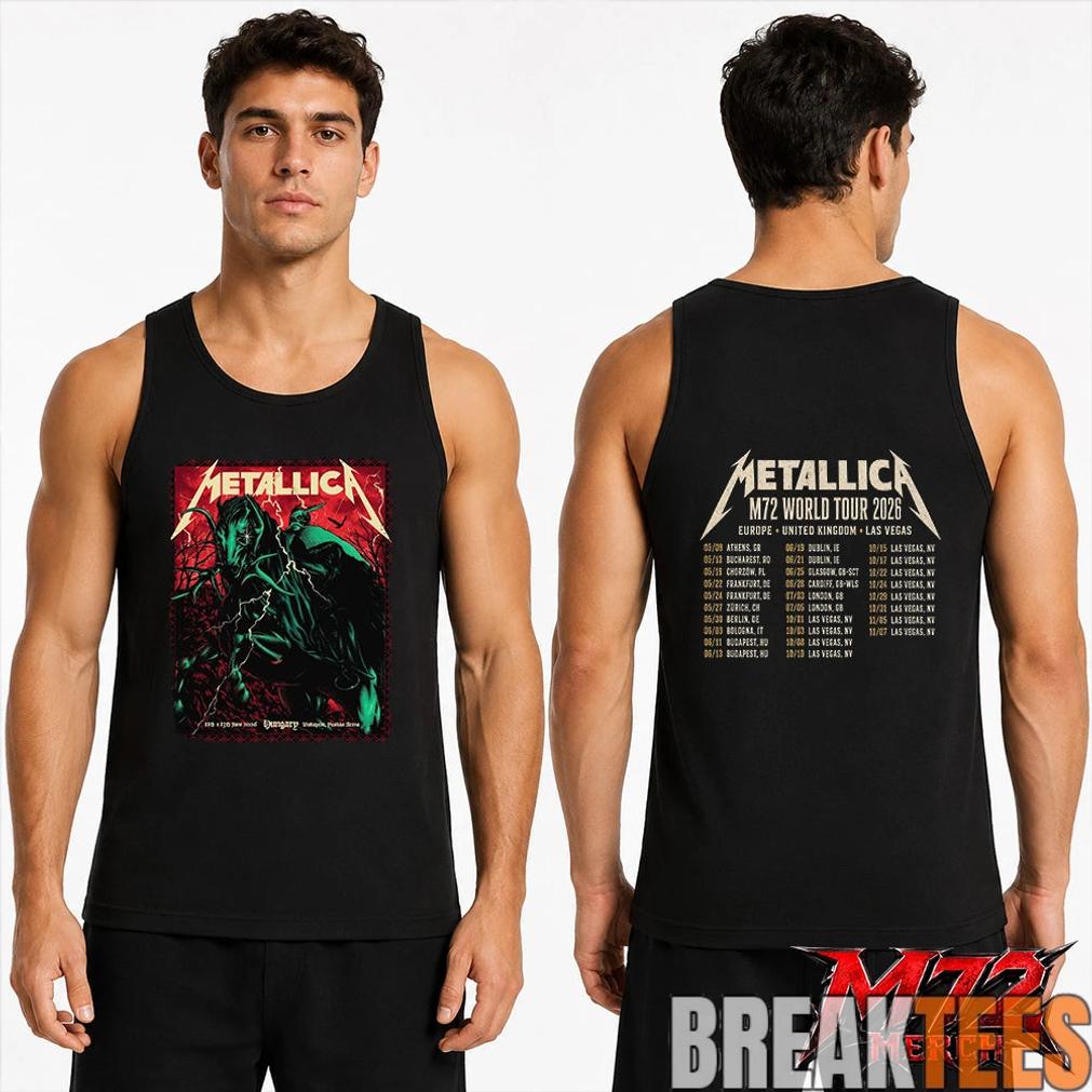 Metallica World Tour M72 June 11 & 13 2026 Budapest Hungary Puskás Aréna Horseman Lightning Two Sided T-Shirt