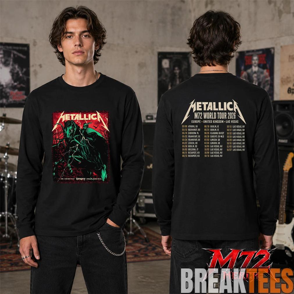 Metallica World Tour M72 June 11 & 13 2026 Budapest Hungary Puskás Aréna Horseman Lightning Two Sided T-Shirt