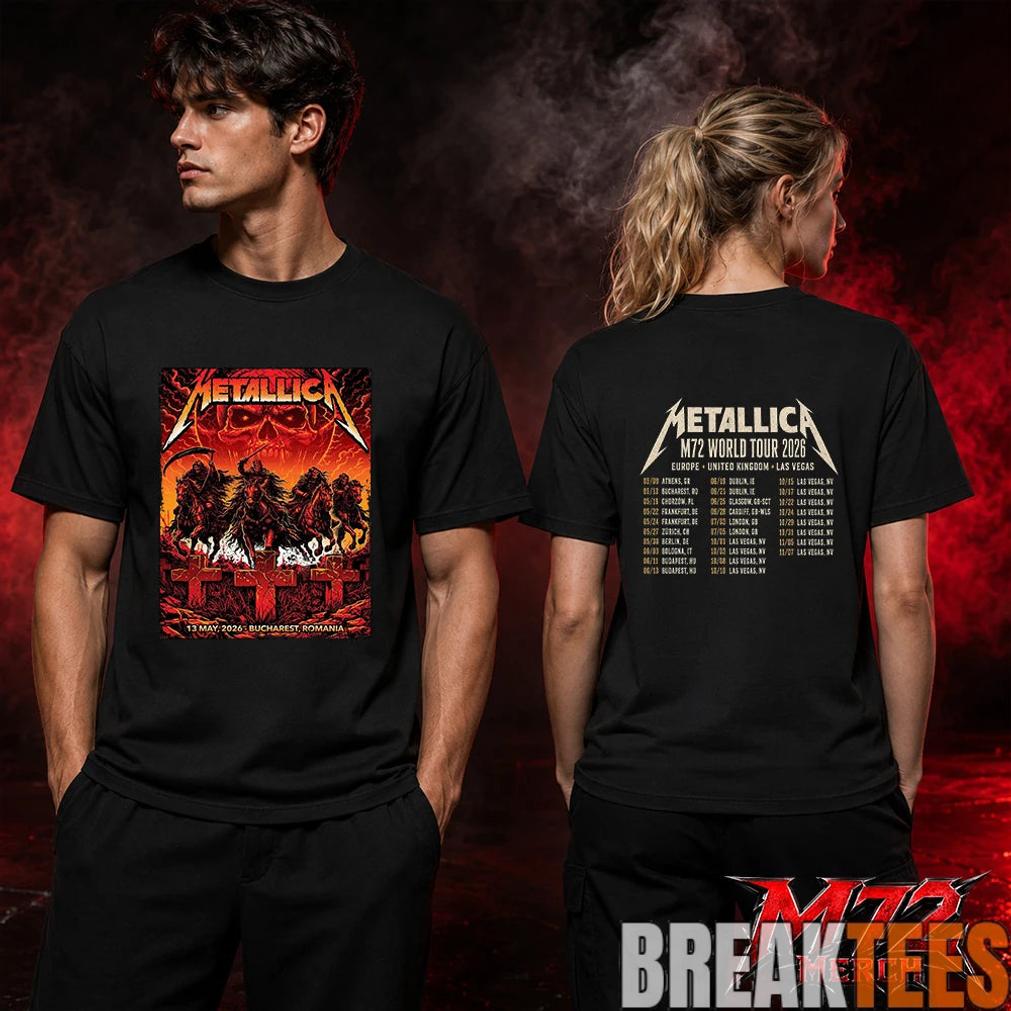 Metallica World Tour M72 May 13 2026 Bucharest Romania Arena Națională Creeping Death Setlist Four Horsemen Skull Two Sided T-Shirt