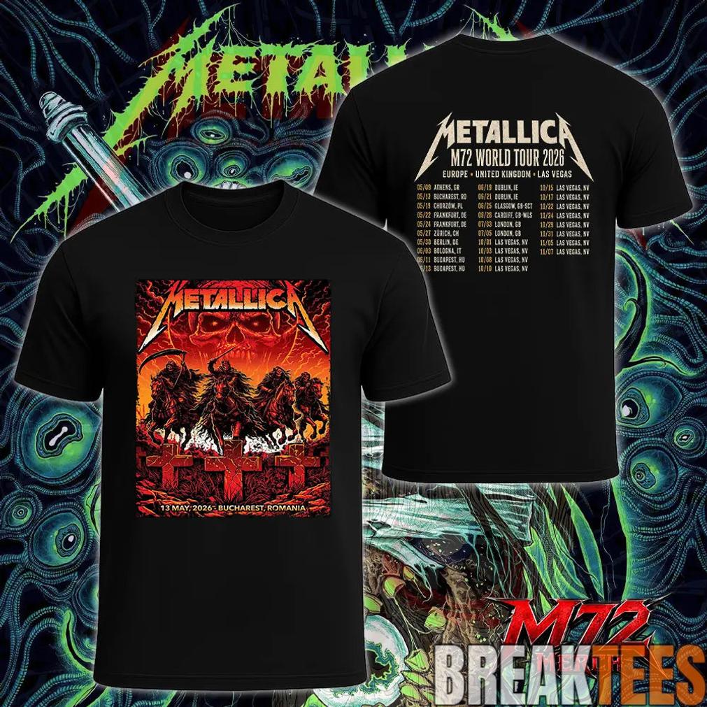 Metallica World Tour M72 May 13 2026 Bucharest Romania Arena Națională Creeping Death Setlist Four Horsemen Skull Two Sided T-Shirt