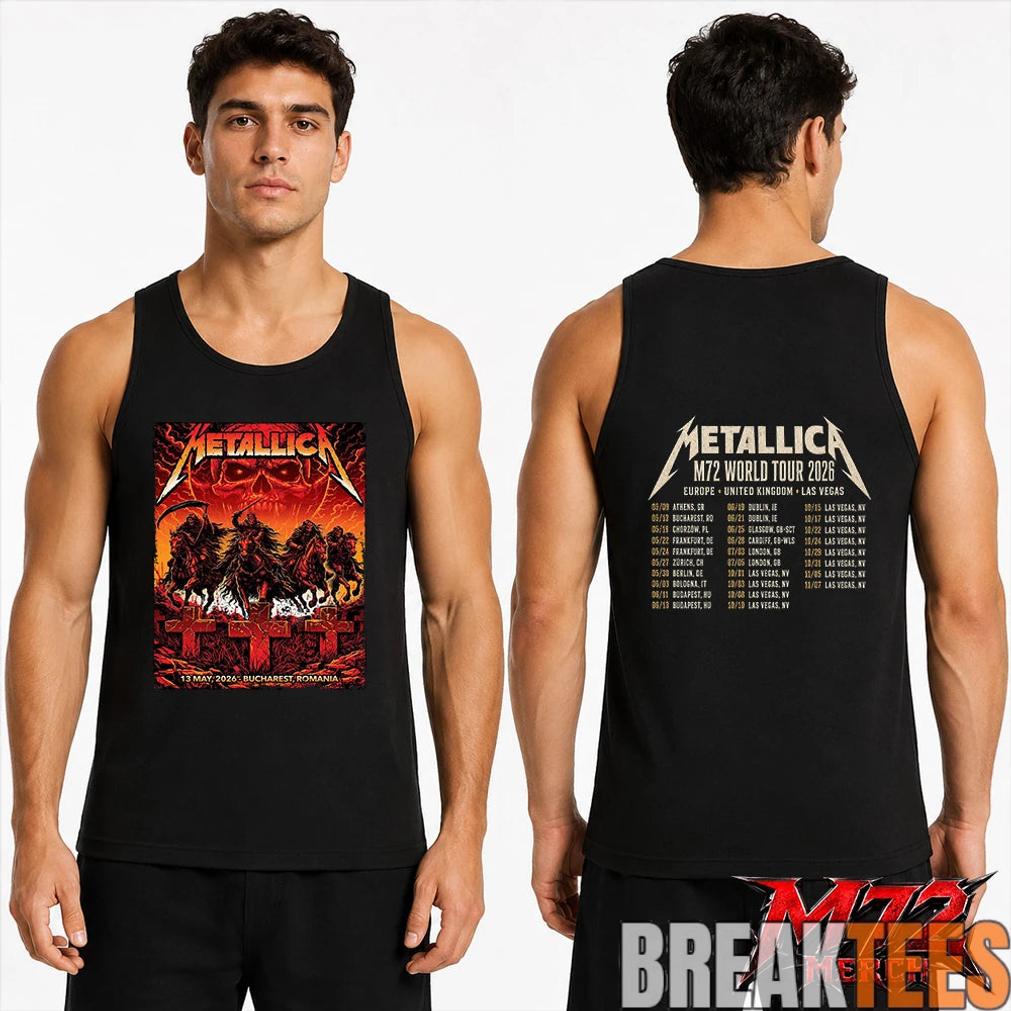 Metallica World Tour M72 May 13 2026 Bucharest Romania Arena Națională Creeping Death Setlist Four Horsemen Skull Two Sided T-Shirt