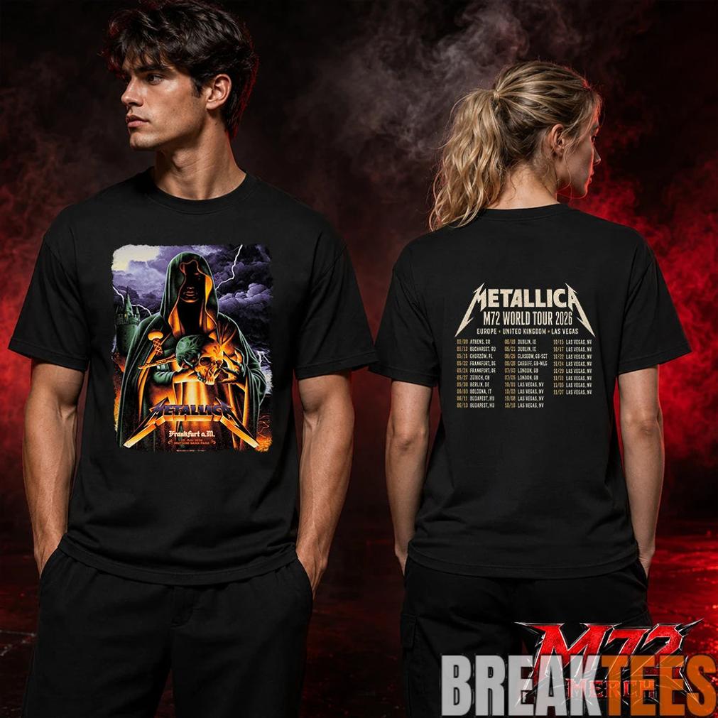Metallica World Tour M72 May 22 2026 Frankfurt Germany Deutsche Bank Park Cloaked Skull Storm Two Sided T-Shirt