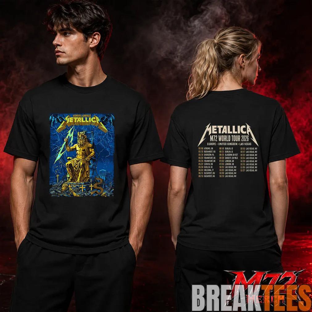 Metallica World Tour M72 May 9 2026 Athens Greece Olympic Stadium Zeus Thunder Two Sided T-Shirt