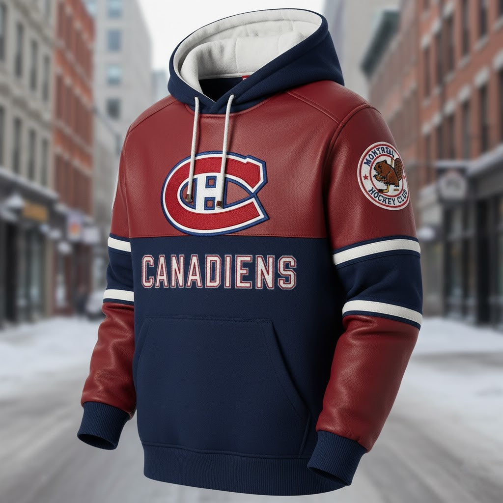Montreal Canadiens Faux Leather Sleeve NHL Pullover 2025 Hoodie