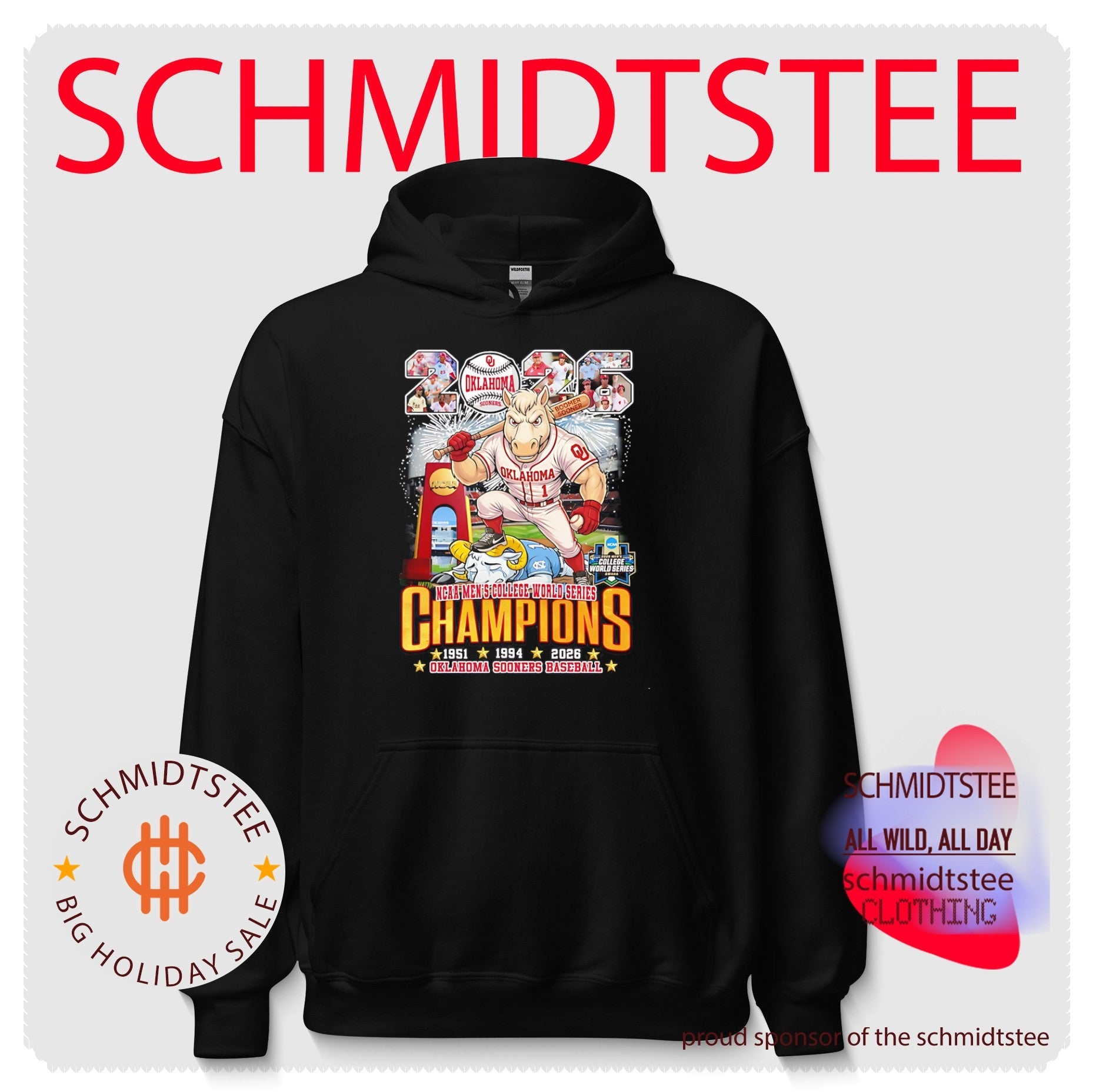 NCAA Men’s College World Series Champions 1951 1994 2026 Oklahoma Sooners Baseball mascot shirt