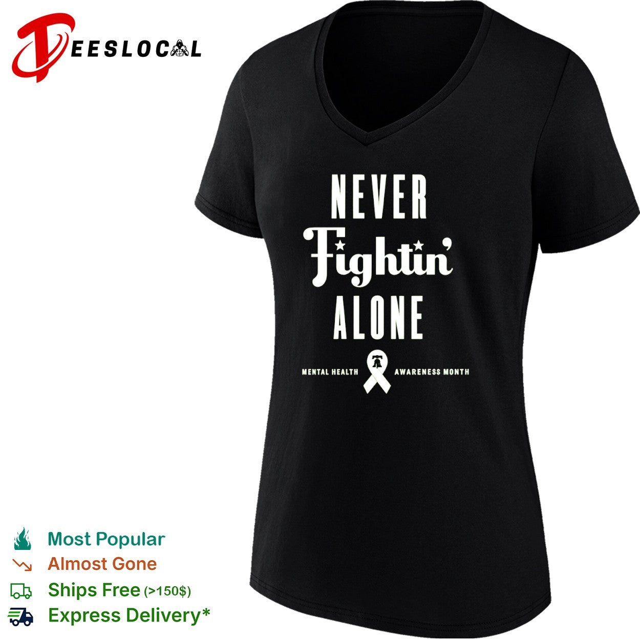 Never Fightin Alone Mental Health Awareness Month Liberty Bell Awareness Ribbon shirt