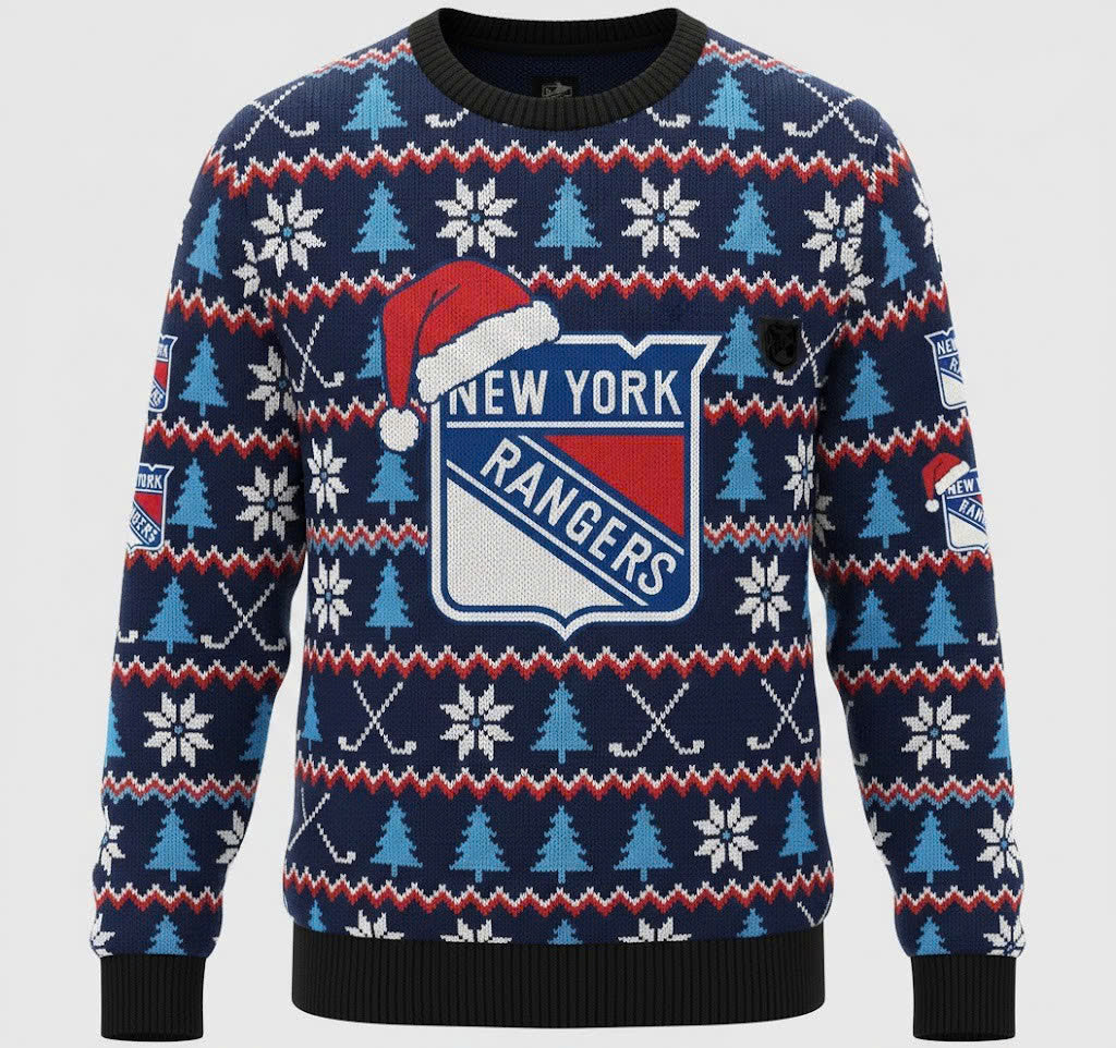 New York Rangers NHL Ugly Christmas Sweater – Blue, Red & White “Broadway Blueshirts” Holiday Knit