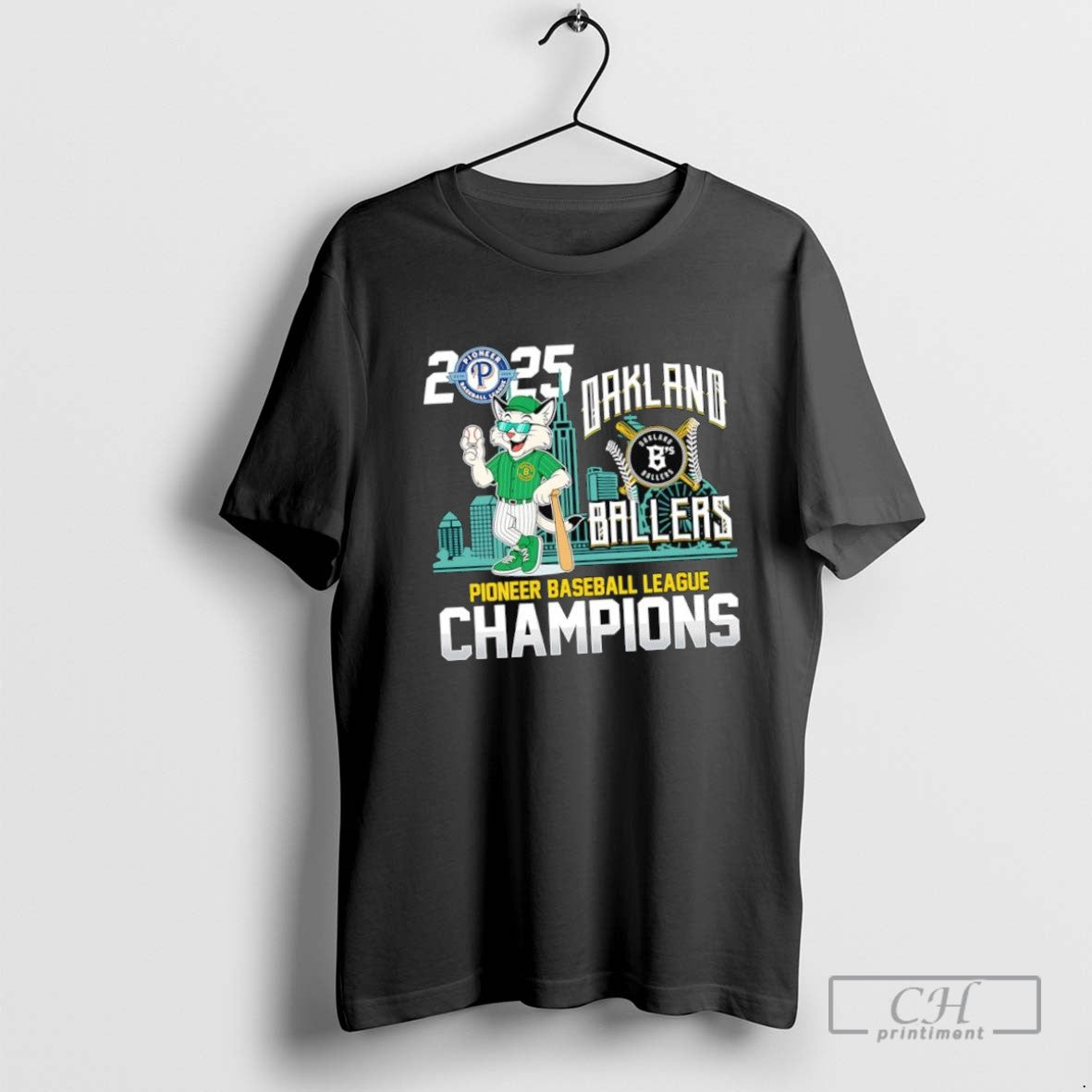 Oakland Bs Ballers 2025 Pioneer Baseball League Champions Cat Mascot Logo