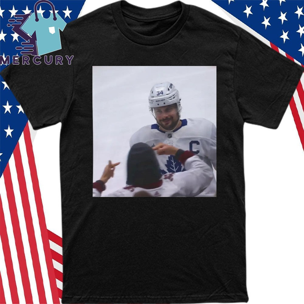 Auston Matthews Smirks At The Avs Fans Shirt