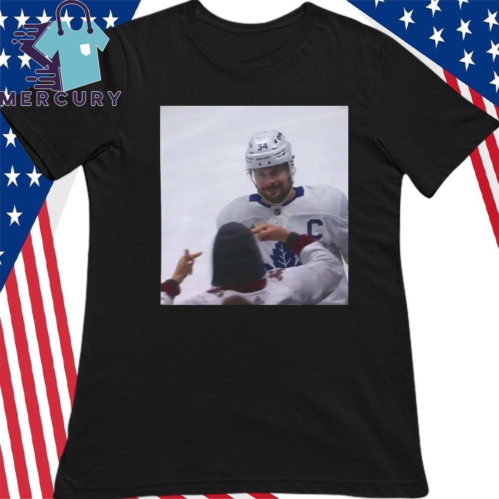 Auston Matthews Smirks At The Avs Fans Shirt
