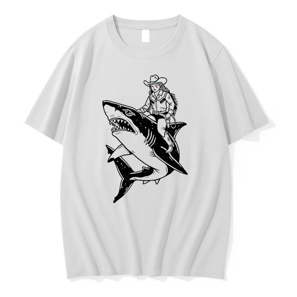 Official Cowgirl Riding Shark Sketch T Shirts Jpg