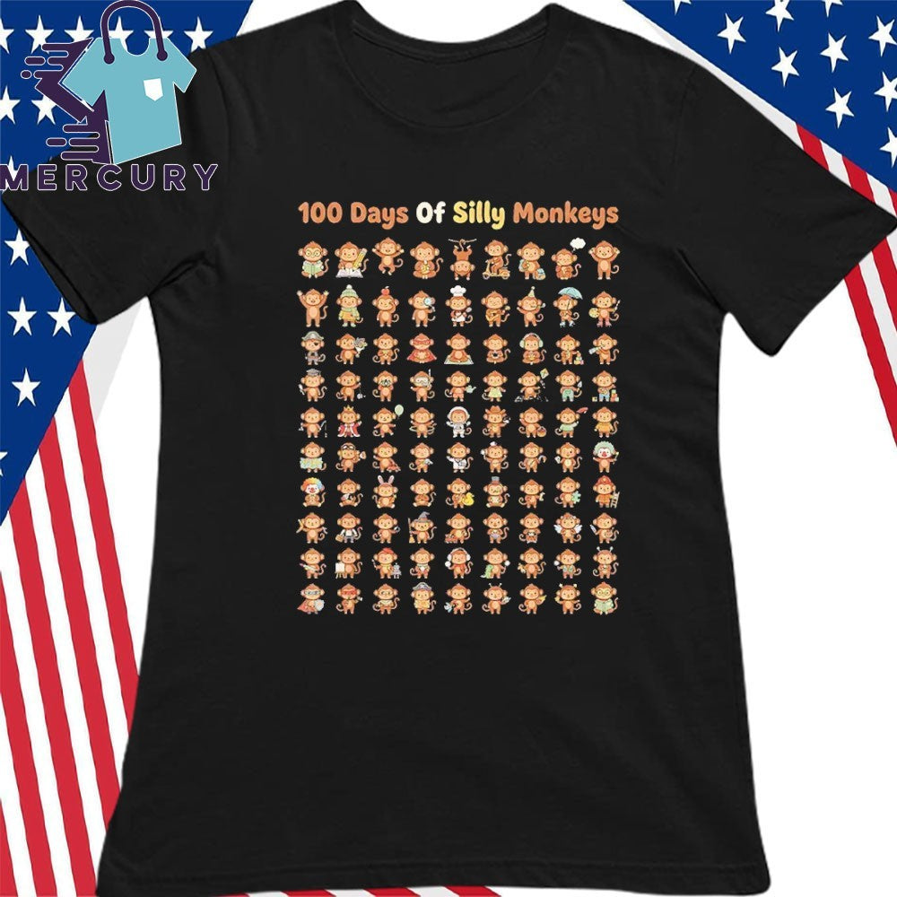 Funny 100Th Day Of School Teacher 100 Days Of Silly Monkeys Shirt
