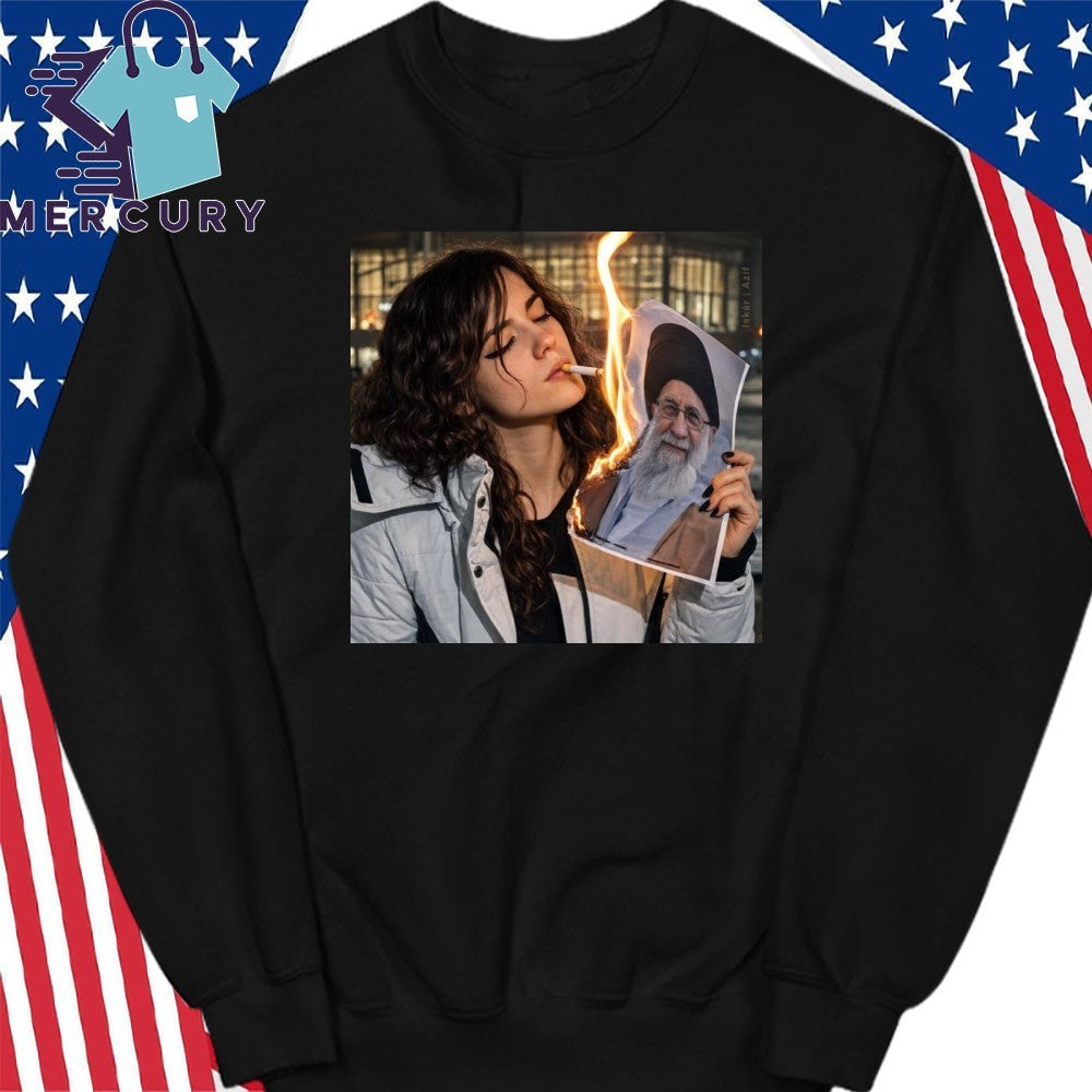 Iranian Woman Burning Khamenei Portrait Shirt