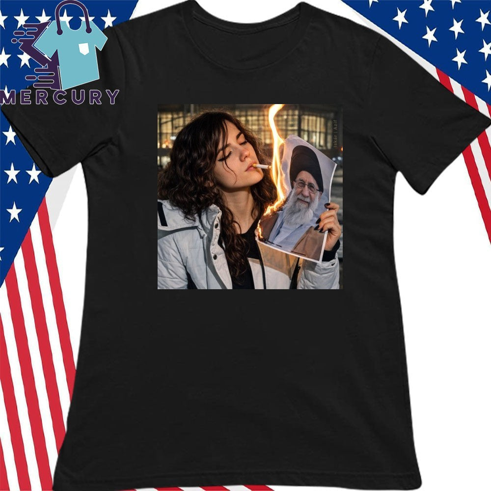 Iranian Woman Burning Khamenei Portrait Shirt