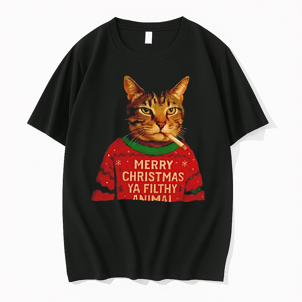 Official Merry Christmas Ya Filthy Animal Smoking Cat Ugly T Shirts Jpg