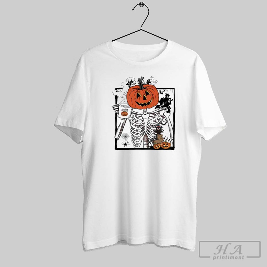 Official Pumpkin Skeleton Drinking Coffee Happy Halloween Ladies