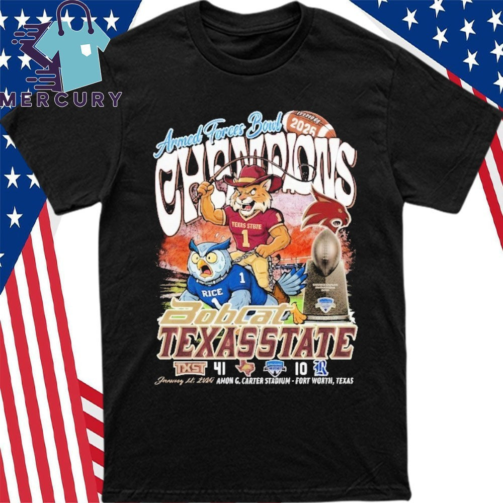 Texas State Bobcats 2026 Armed Forces Bowl Champions Mascot Shirt