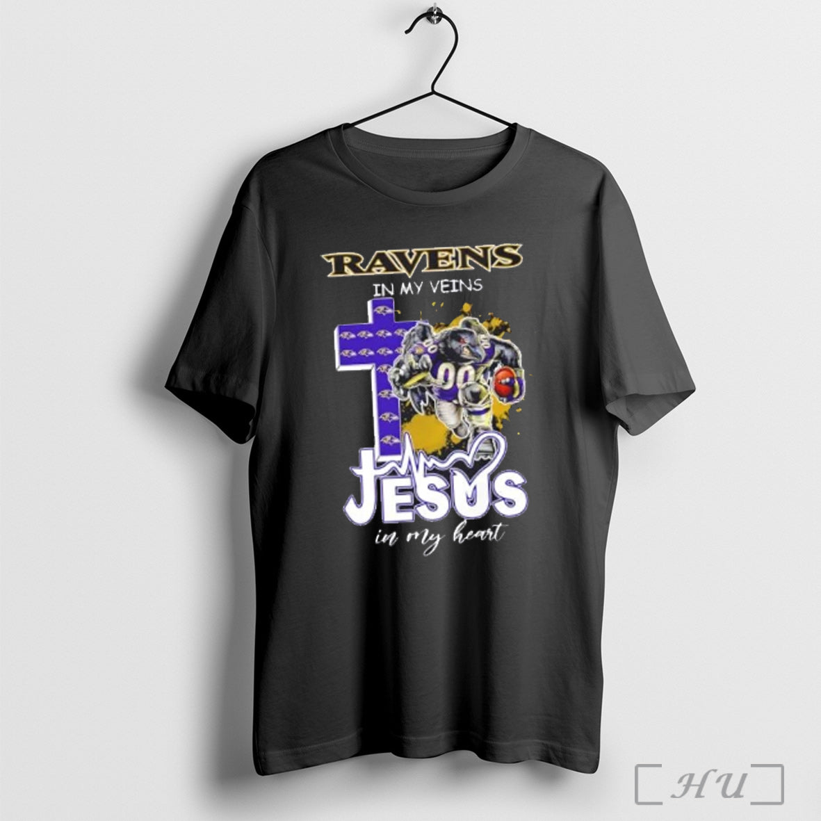 Officials Baltimore Ravens In My Veins Jesus In My Heart Cross Mascot T Shirt