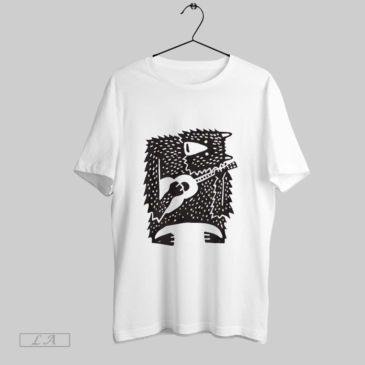 Original Bear Playing Guitar Woodcut Style