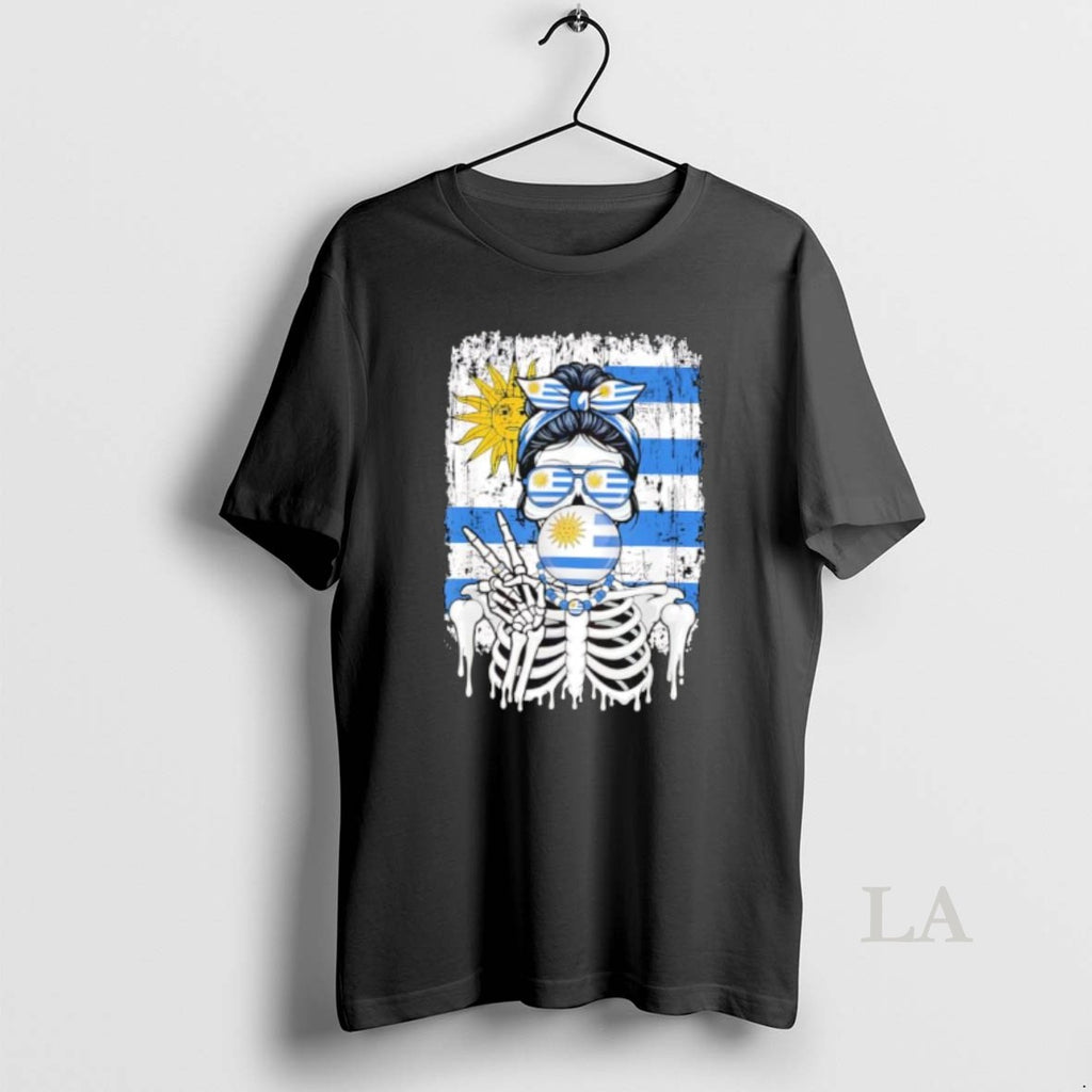 Original Uruguay Flag Skull Messy Bun Sunglasses Peace Sign Bubble Gum