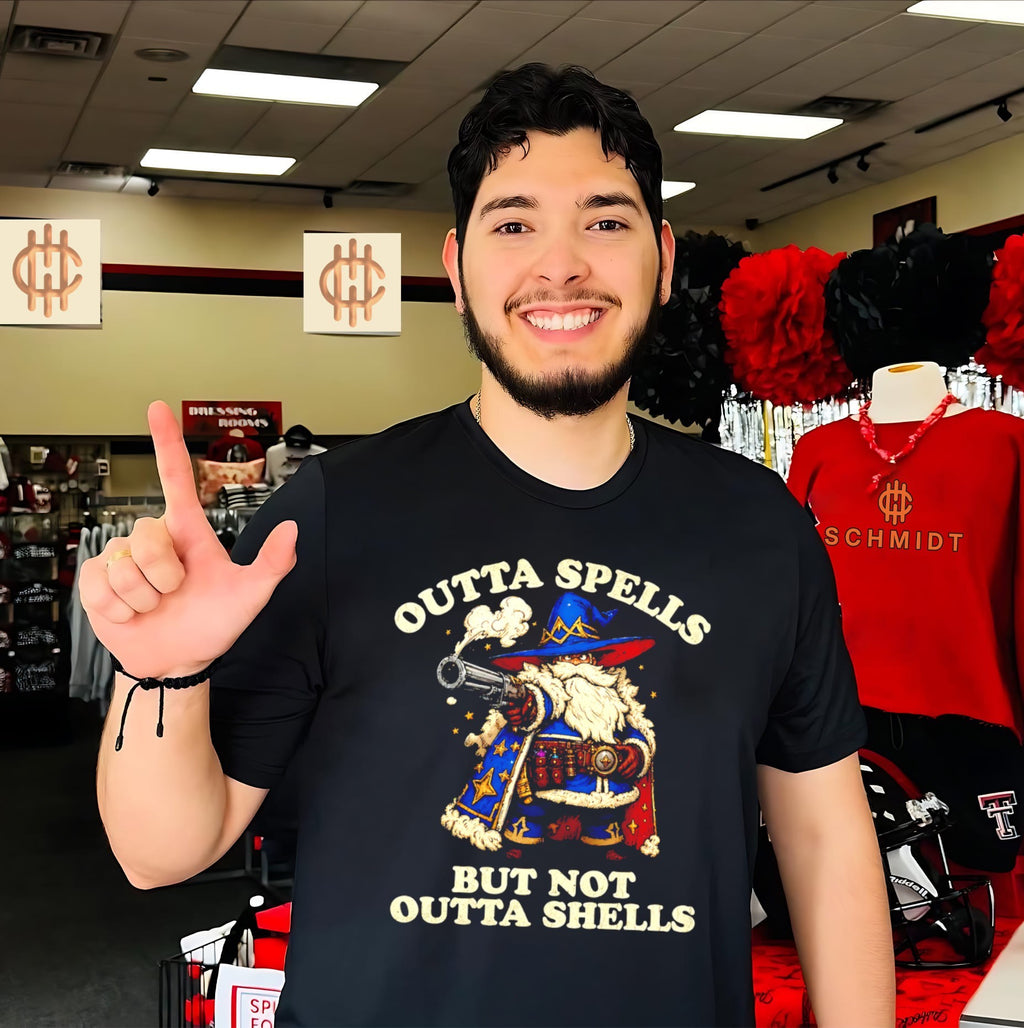 Outta Spells but Not Outta Shells Wizard with Shotgun shirt