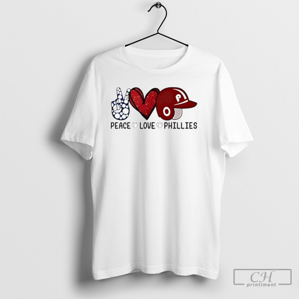 Peace Love Phillies Glitter Red Heart Baseball Themed Fan Posters White Shirt