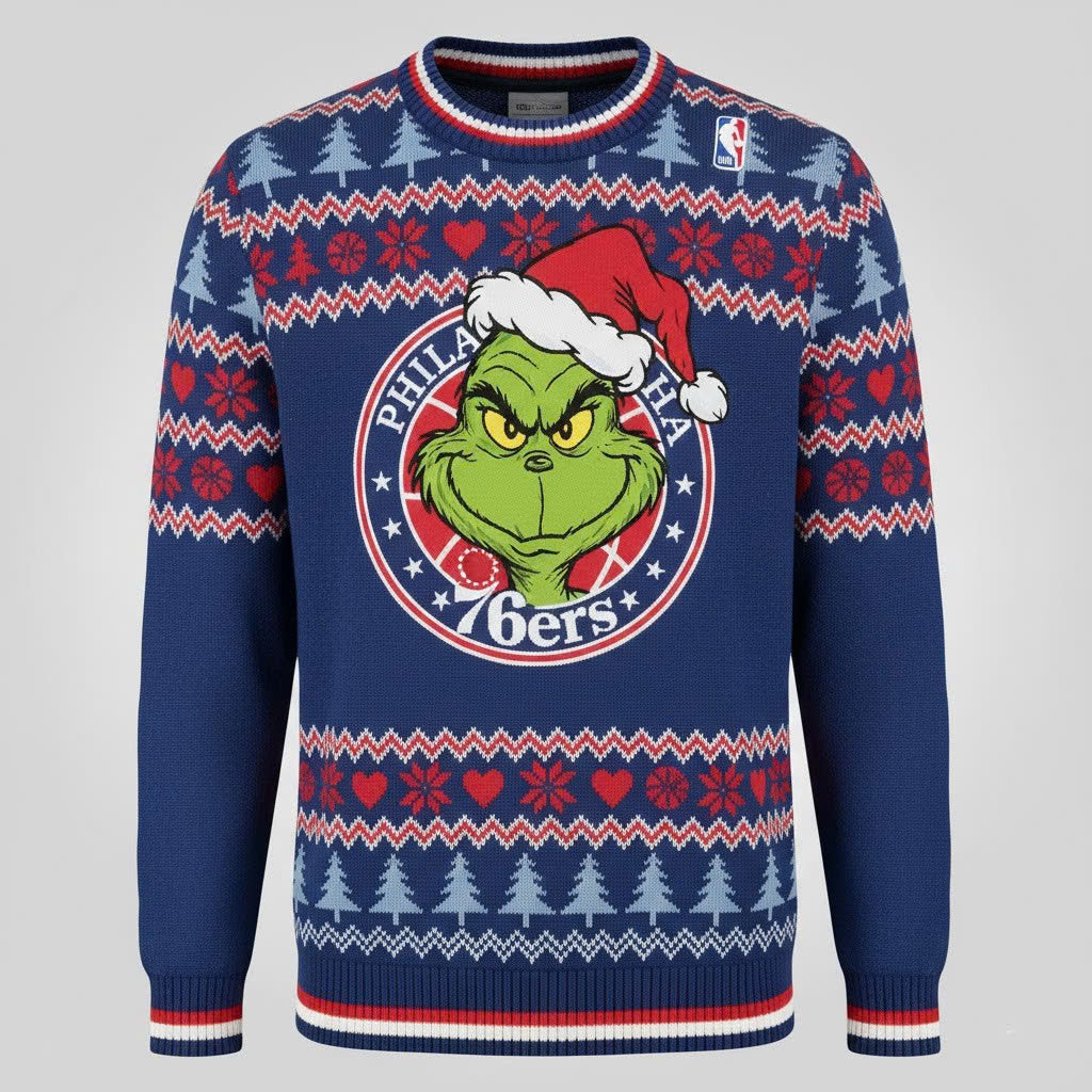 Philadelphia 76ers x The Grinch Ugly Christmas Sweater – Royal Blue & Red “Grinchmas” Knit