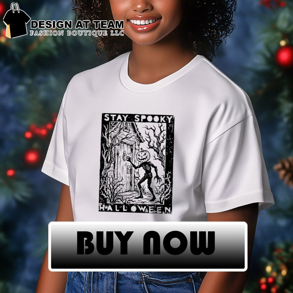 Pumpkin man knocking at door house Stay Spooky Halloween shirt