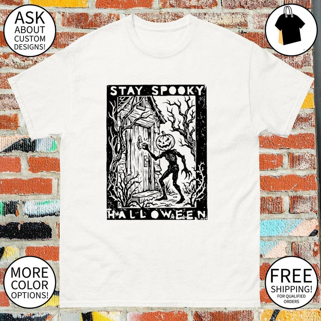 Pumpkin man knocking at door house Stay Spooky Halloween shirt