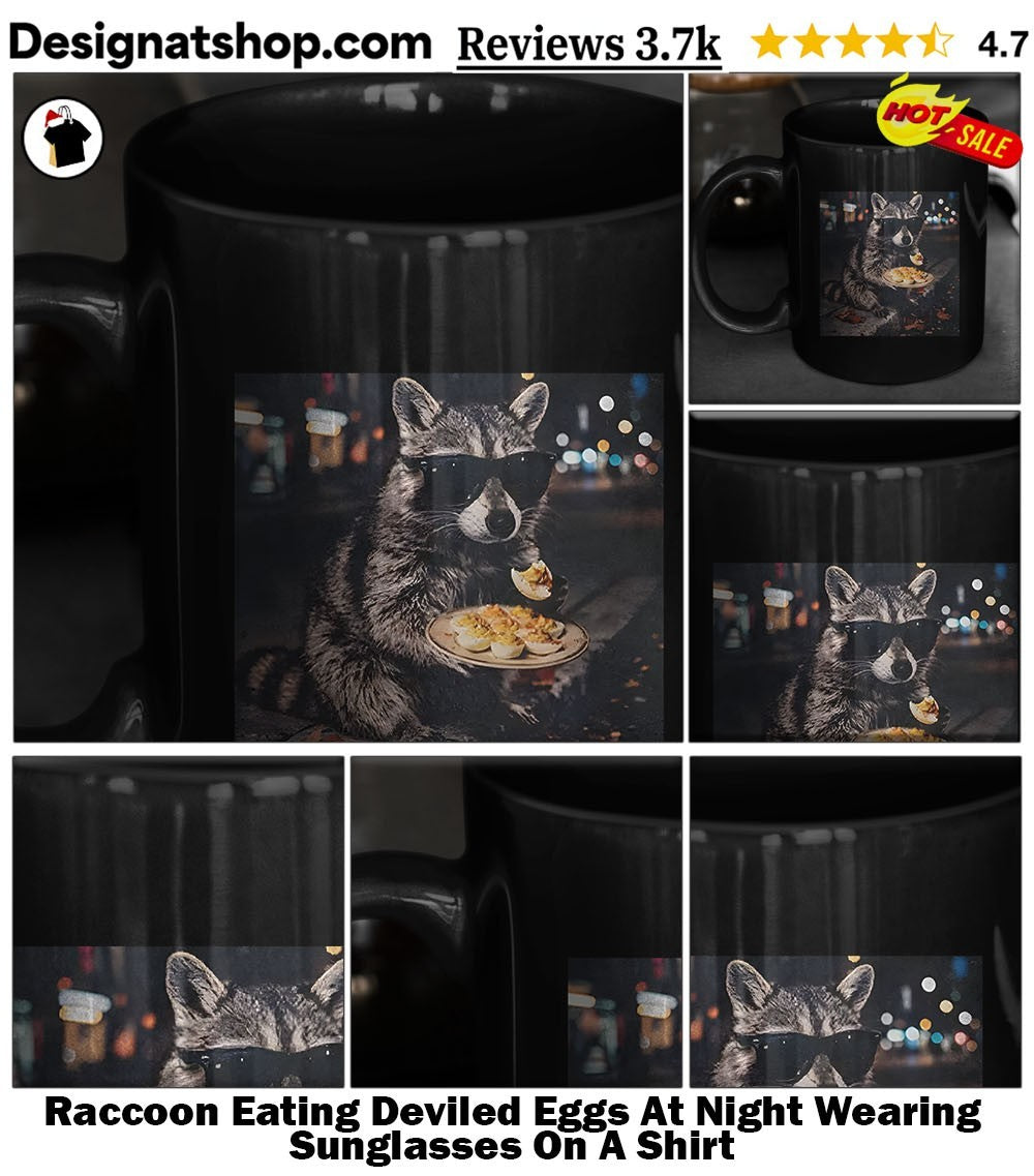 Raccoon Eating Deviled Eggs At Night Wearing Sunglasses On A Shirt