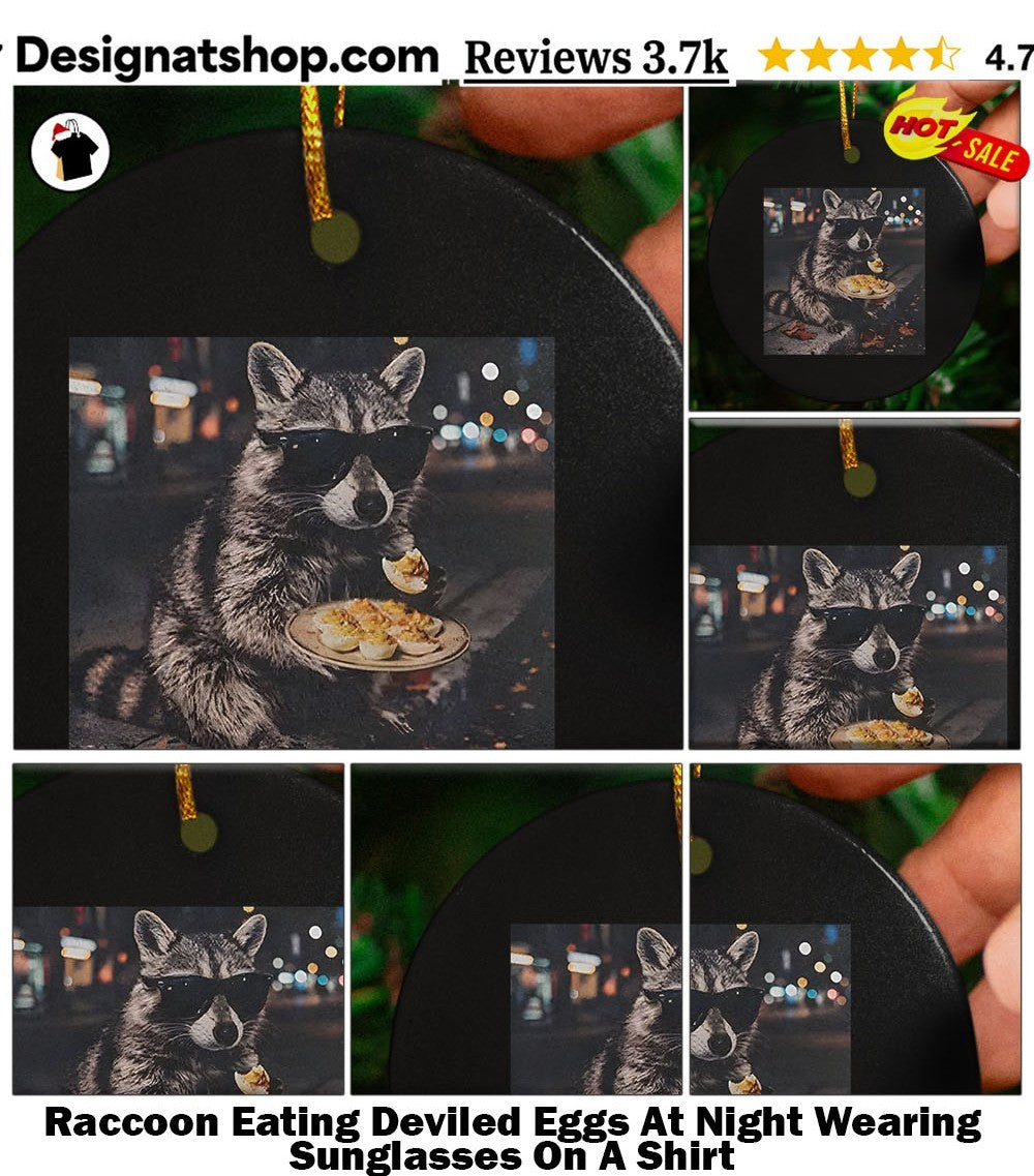 Raccoon Eating Deviled Eggs At Night Wearing Sunglasses On A Shirt