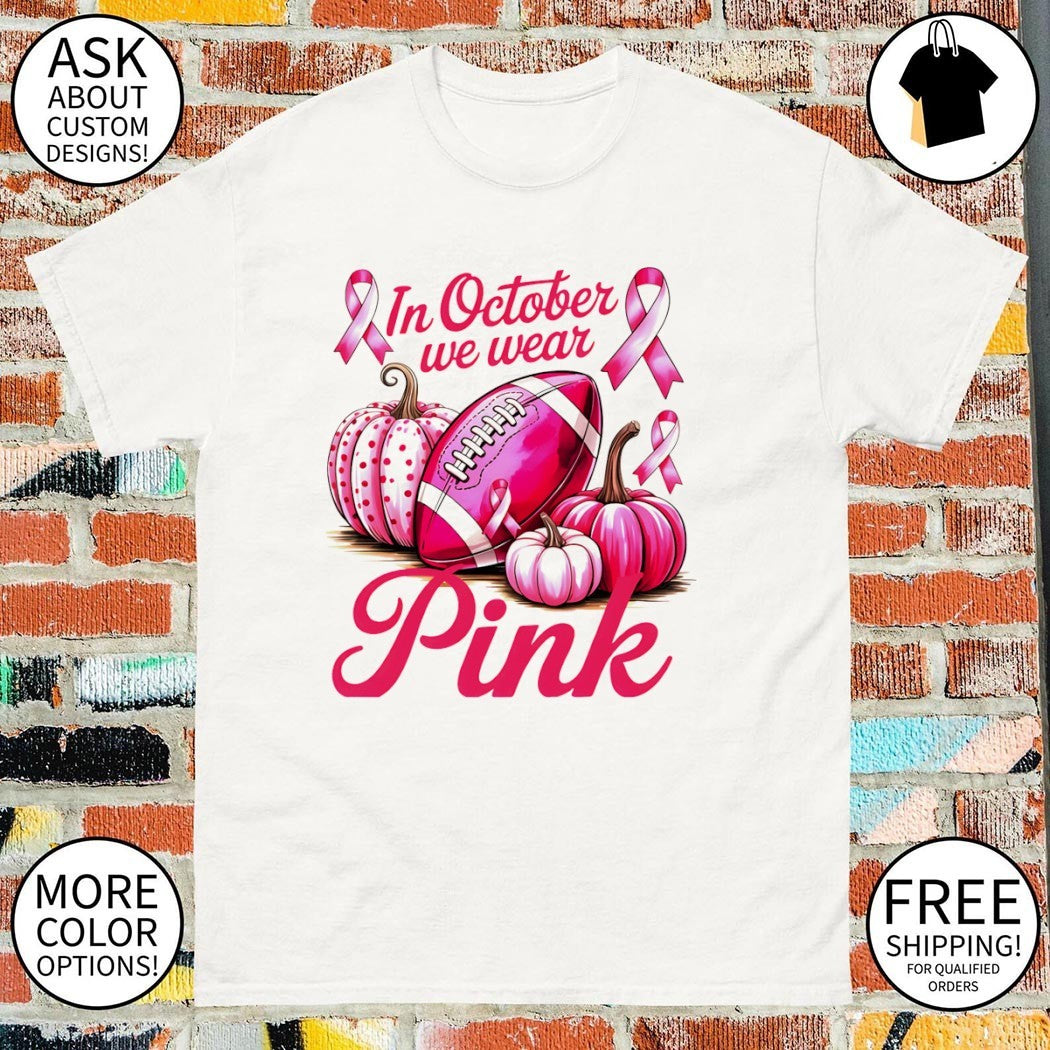 Retro Pumpkin Football In October We Wear Pink Warriors Cancer Survivor shirt