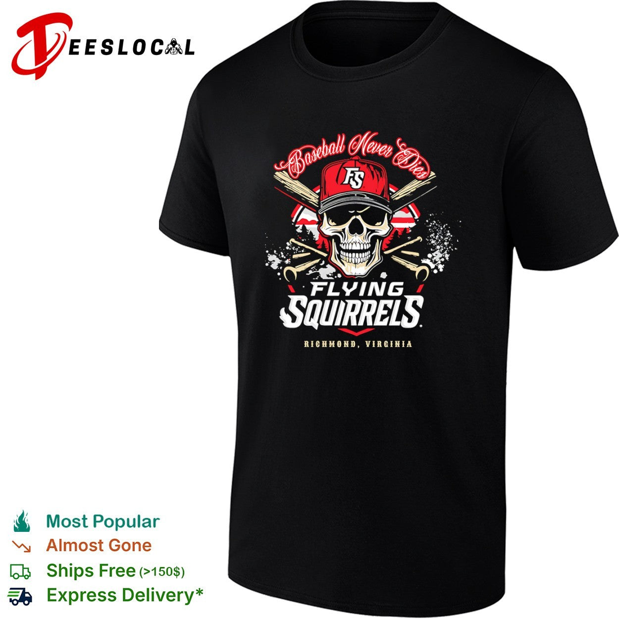 Richmond Flying Squirrels baseball never dies Virginia skull shirt