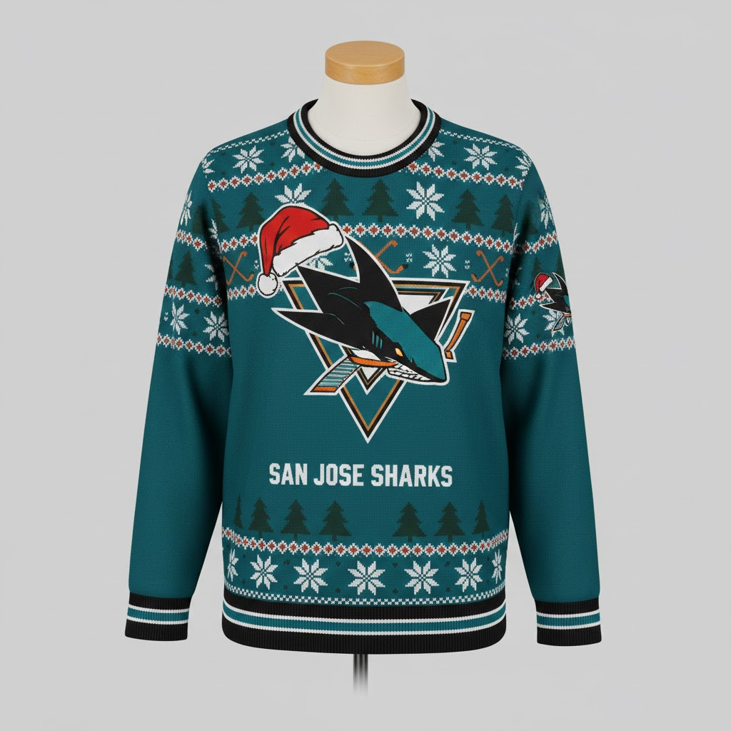 San Jose Sharks NHL Ugly Christmas Sweater – Teal & Black “Sharks” Holiday Knit
