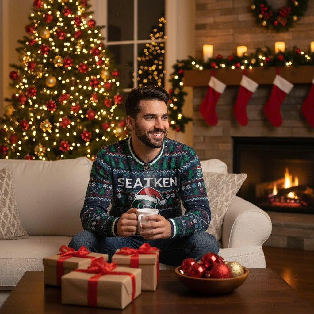 Seattle Kraken NHL Ugly Christmas Sweater – Deep Sea Blue & Ice Blue “Kraken” Holiday Knit