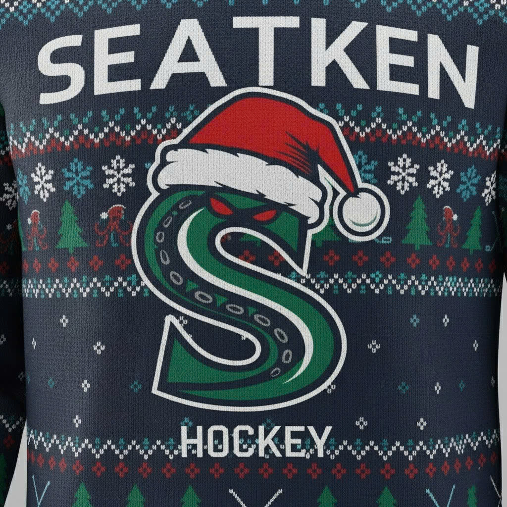 Seattle Kraken NHL Ugly Christmas Sweater – Deep Sea Blue & Ice Blue “Kraken” Holiday Knit