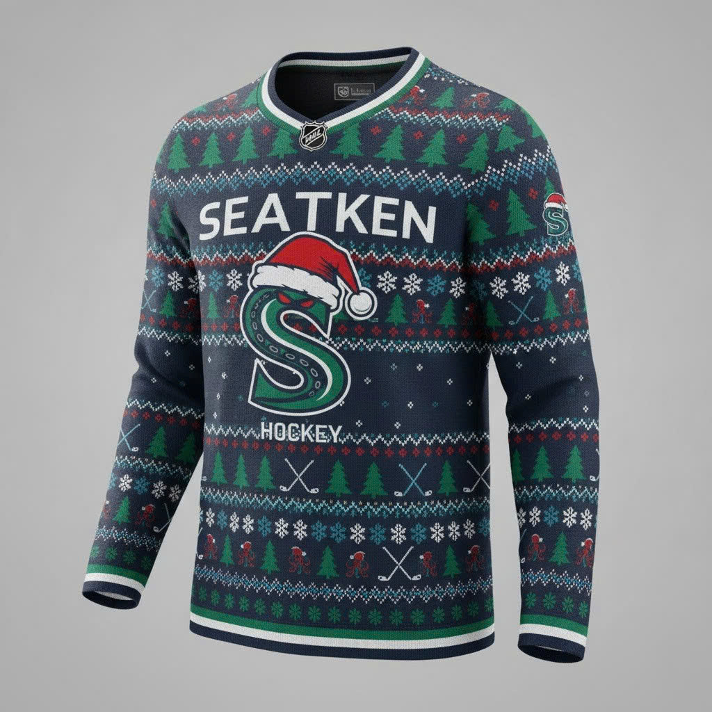 Seattle Kraken NHL Ugly Christmas Sweater – Deep Sea Blue & Ice Blue “Kraken” Holiday Knit