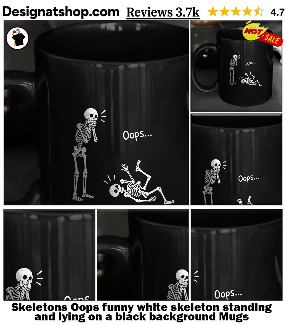 Skeletons Oops funny white skeleton standing and lying on a black background shirt