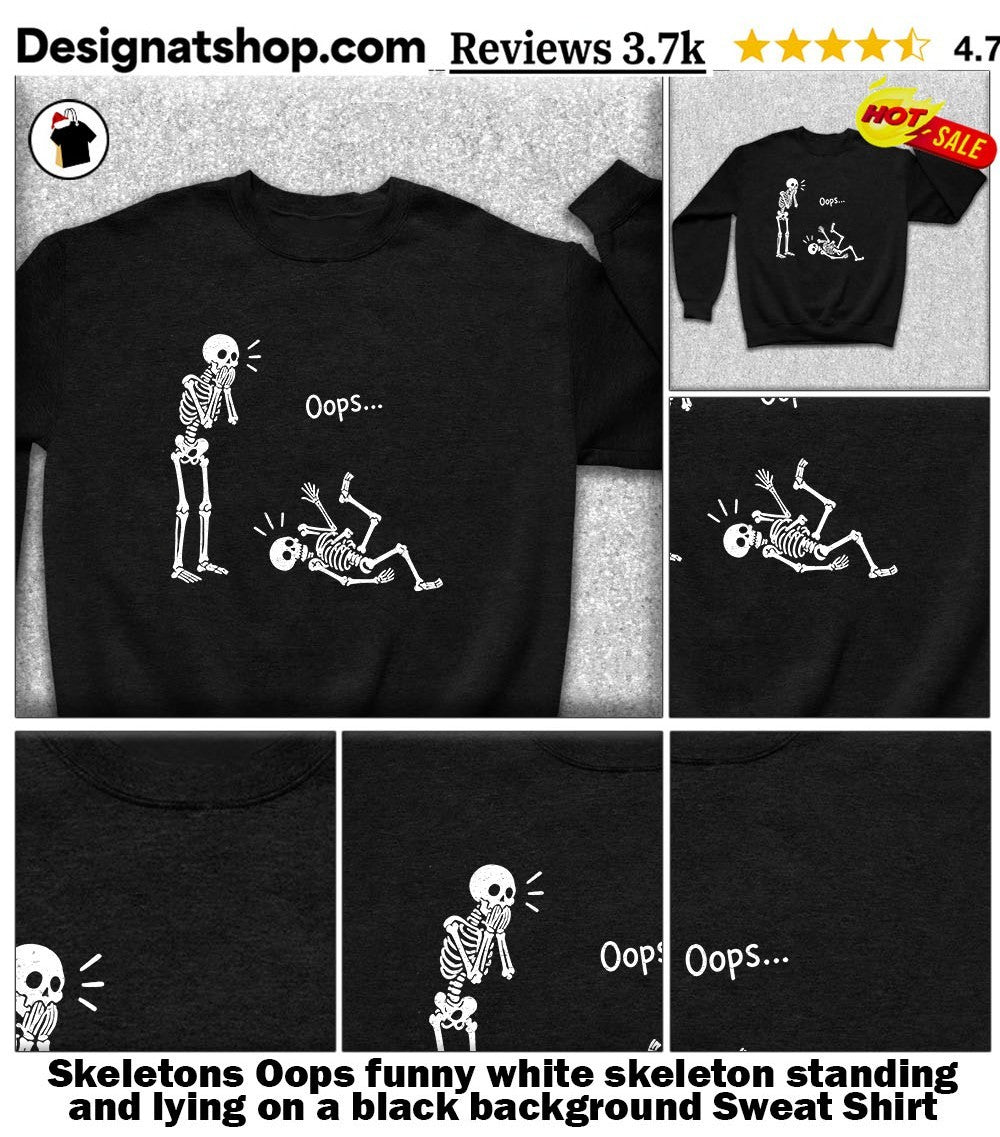 Skeletons Oops funny white skeleton standing and lying on a black background shirt