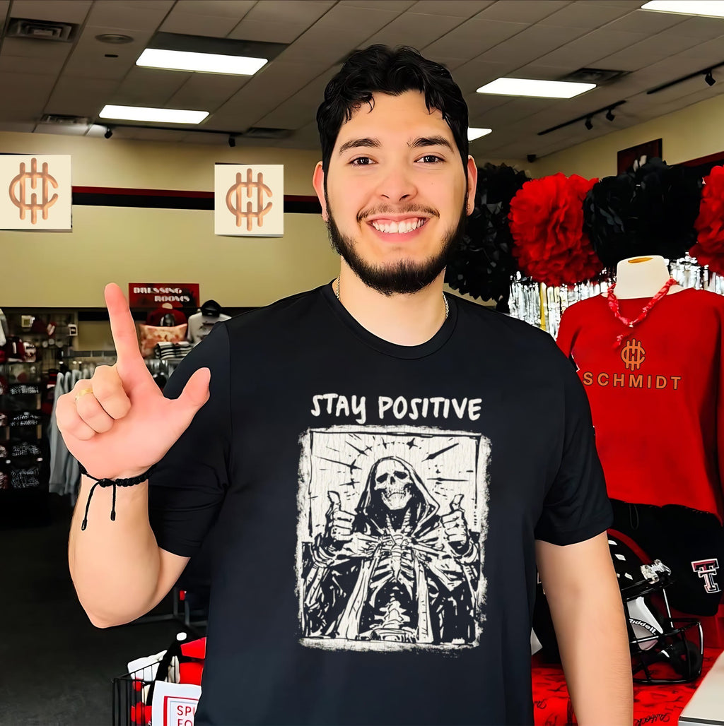 Stay Positive Skeleton Thumbs Up grim reaper shirt